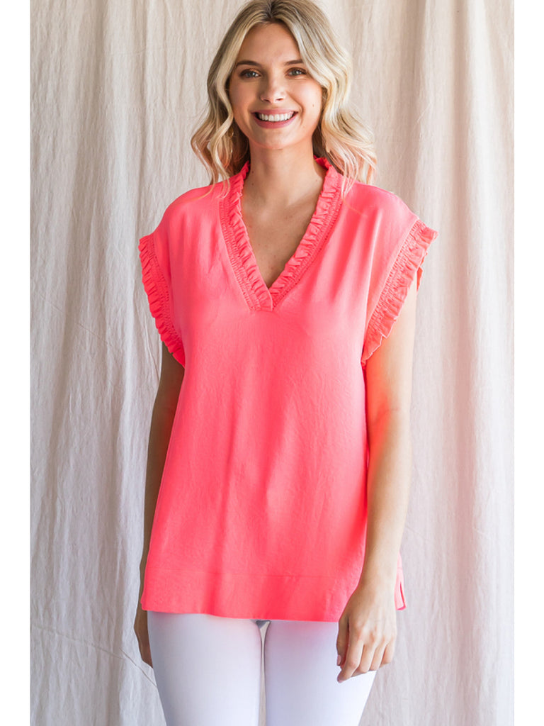 Jodifl Neon Pink V-Neck Top With A Frilled Details-Short Sleeves-Jodifl-Deja Nu Boutique, Women's Fashion Boutique in Lampasas, Texas