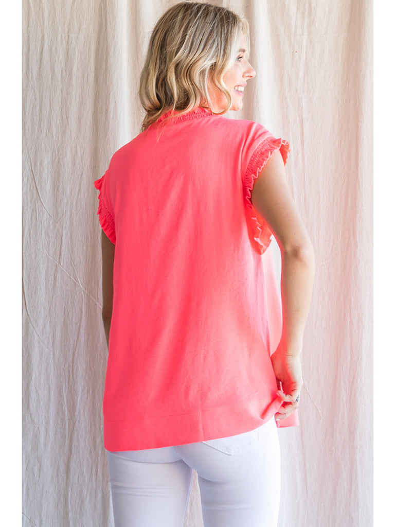 Jodifl Neon Pink V-Neck Top With A Frilled Details-Short Sleeves-Jodifl-Deja Nu Boutique, Women's Fashion Boutique in Lampasas, Texas