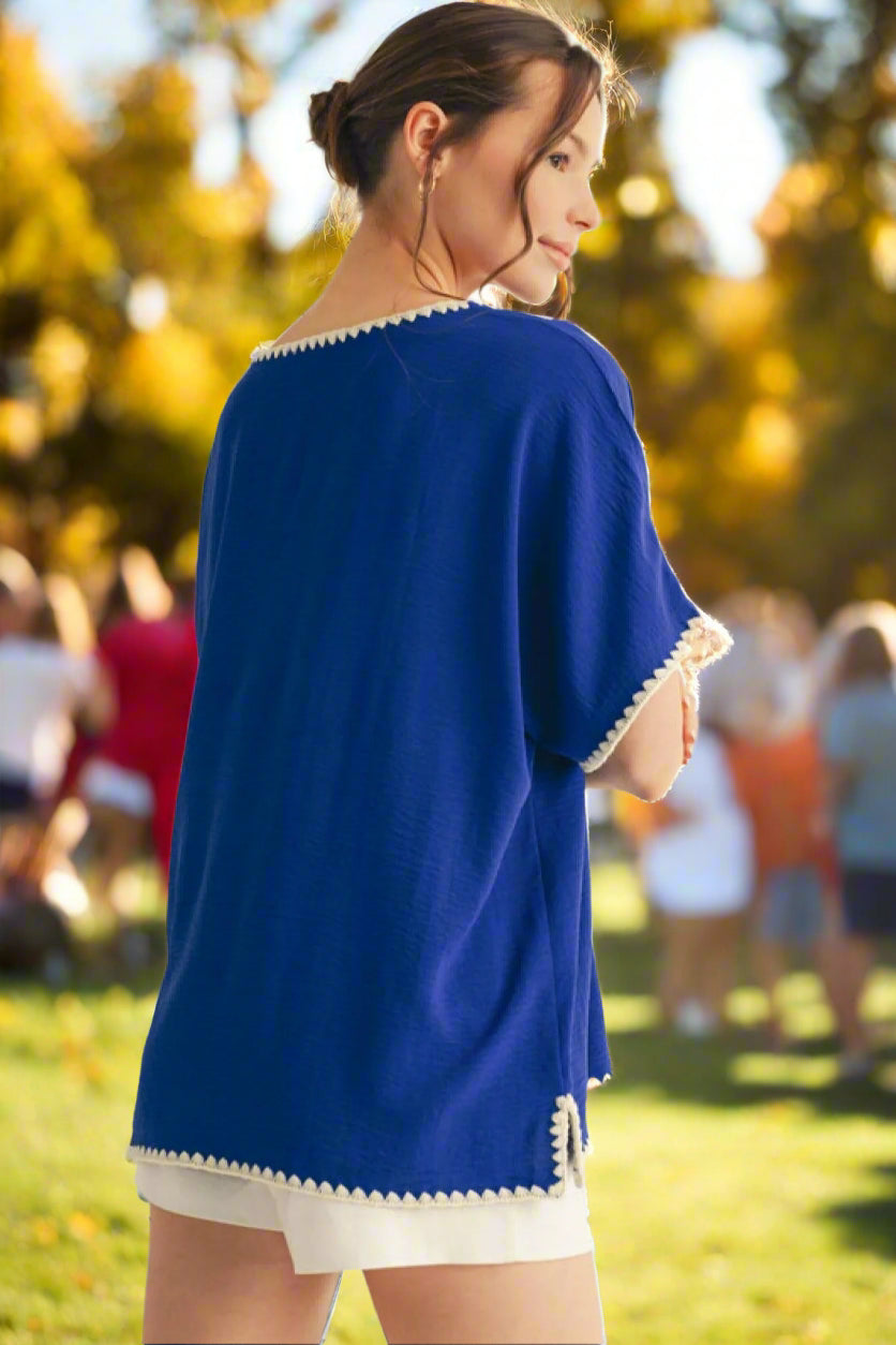 Jodifl Royal Blue Cotton Shell Stitch Top For Game Day And Everyday Chic-Tops-Jodifl-Deja Nu Boutique, Women's Fashion Boutique in Lampasas, Texas