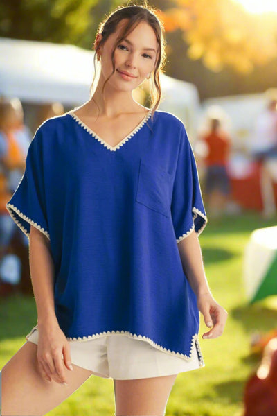 Jodifl Royal Blue Cotton Shell Stitch Top For Game Day And