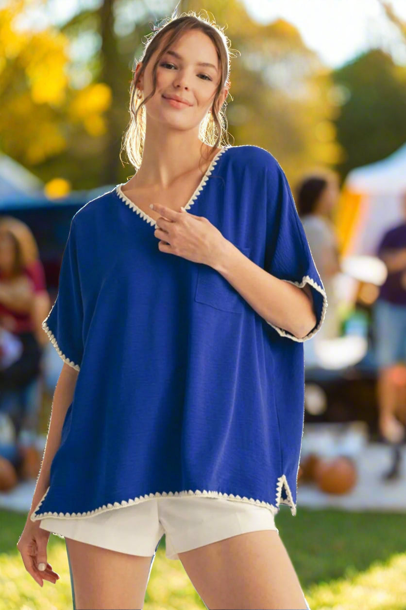Jodifl Royal Blue Cotton Shell Stitch Top For Game Day And Everyday Chic-Tops-Jodifl-Deja Nu Boutique, Women's Fashion Boutique in Lampasas, Texas