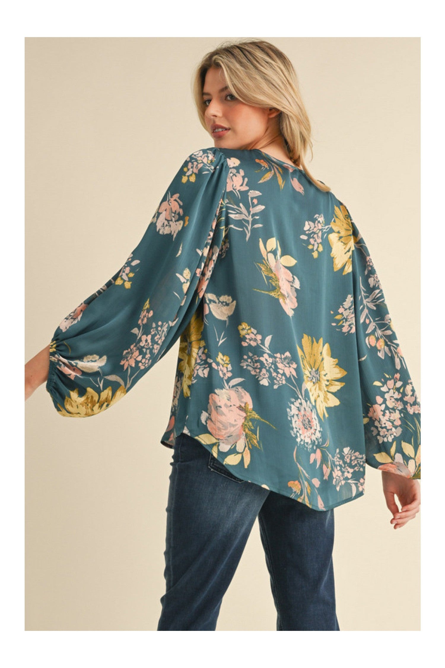 Jodifl Satin Floral Print Blouse With Bubble Sleeves In Teal-Tops-Jodifl-Deja Nu Boutique, Women's Fashion Boutique in Lampasas, Texas