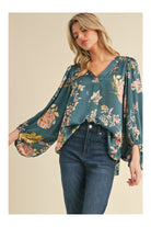 Jodifl Satin Floral Print Blouse With Bubble Sleeves In Teal-Tops-Jodifl-Deja Nu Boutique, Women's Fashion Boutique in Lampasas, Texas