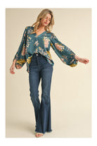 Jodifl Satin Floral Print Blouse With Bubble Sleeves In Teal-Tops-Jodifl-Deja Nu Boutique, Women's Fashion Boutique in Lampasas, Texas