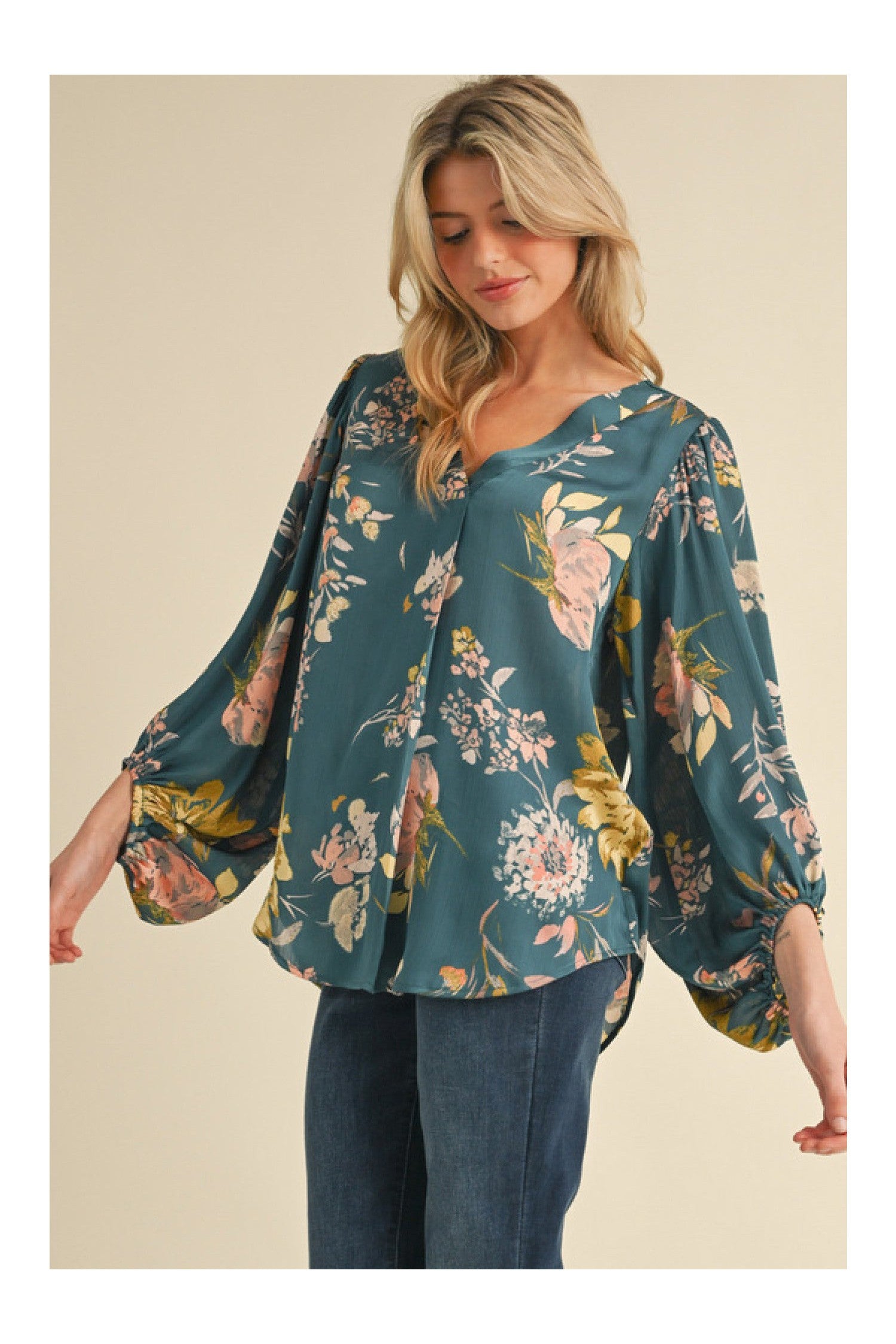 Jodifl Satin Floral Print Blouse With Bubble Sleeves In Teal-Tops-Jodifl-Deja Nu Boutique, Women's Fashion Boutique in Lampasas, Texas