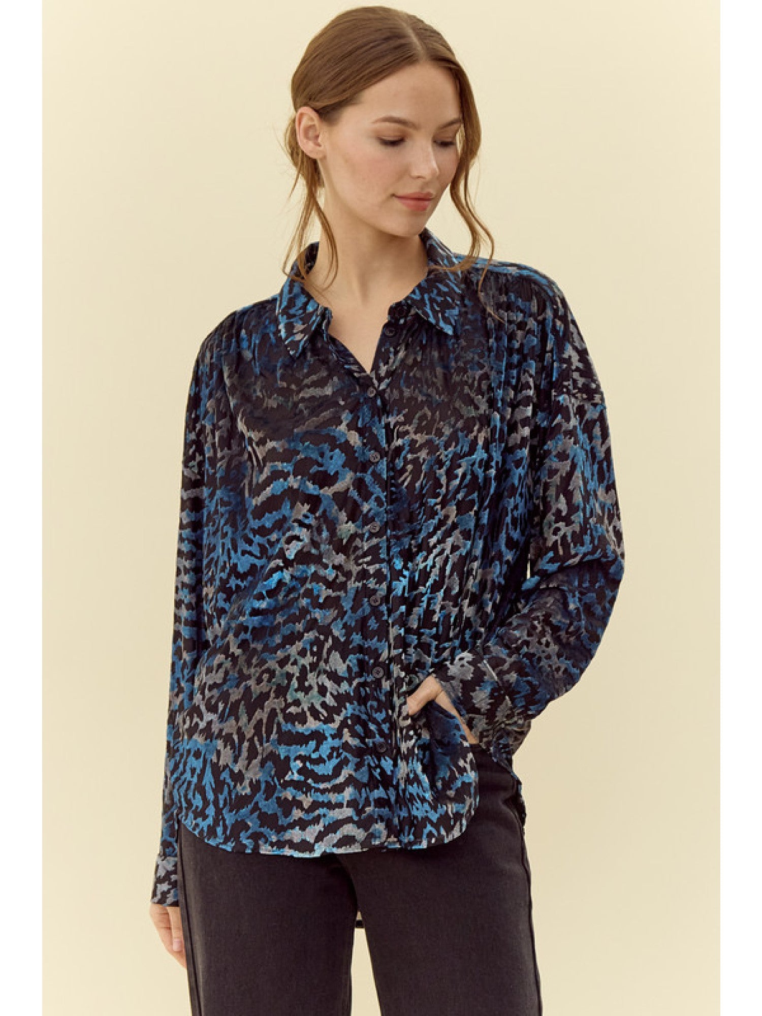 Jodifl Teal Velvet Leopard Print Blouse-shirts-Jodifl-Deja Nu Boutique, Women's Fashion Boutique in Lampasas, Texas