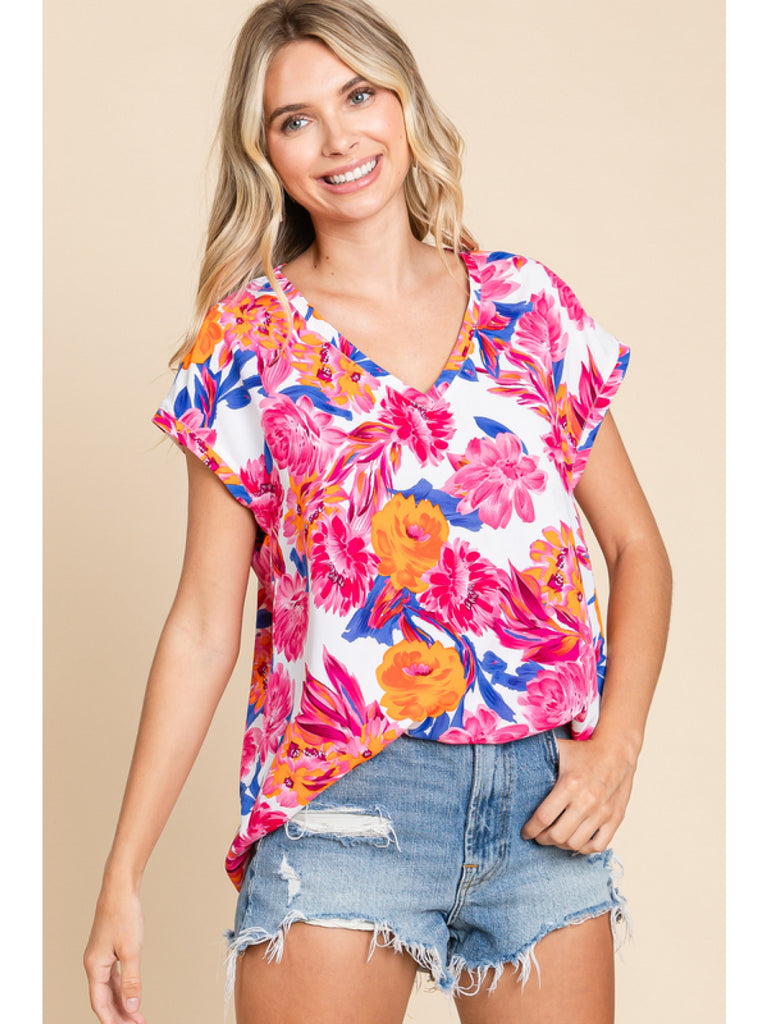 Jodifl Tropical Charm Vibrant Pink And White Floral Print Flower Top-Tops-Jodifl-Deja Nu Boutique, Women's Fashion Boutique in Lampasas, Texas