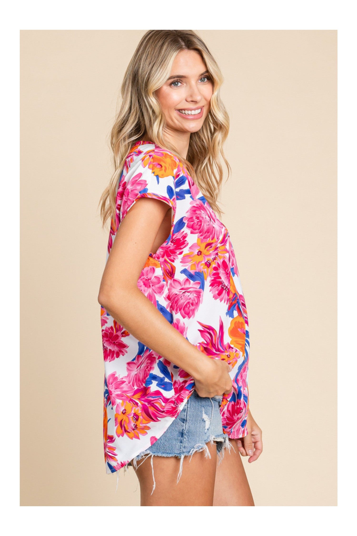 Jodifl Tropical Charm Vibrant Pink And White Floral Print Flower Top-Tops-Jodifl-Deja Nu Boutique, Women's Fashion Boutique in Lampasas, Texas