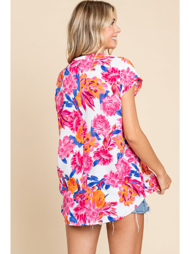 Jodifl Tropical Charm Vibrant Pink And White Floral Print Flower Top-Tops-Jodifl-Deja Nu Boutique, Women's Fashion Boutique in Lampasas, Texas