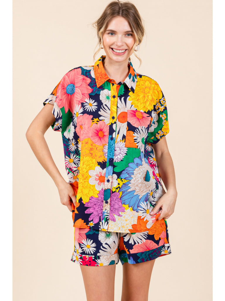 Jodifl Tropical Vibes Navy Summer Shirt In Exotic Print-Tops-Jodifl-Deja Nu Boutique, Women's Fashion Boutique in Lampasas, Texas