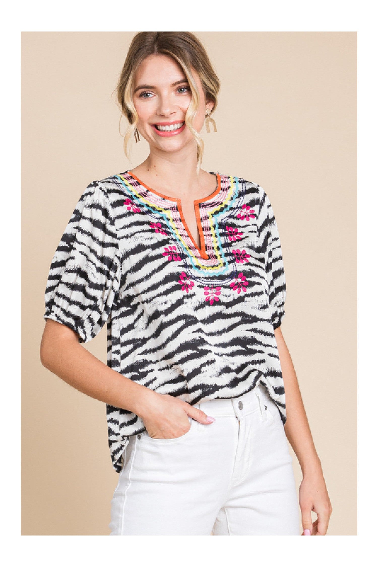 Jodifl Zebra Print Embroidered Yoke Short Bubble Sleeve Top-Tops-Jodifl-Deja Nu Boutique, Women's Fashion Boutique in Lampasas, Texas