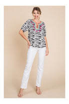 Jodifl Zebra Print Embroidered Yoke Short Bubble Sleeve Top-Tops-Jodifl-Deja Nu Boutique, Women's Fashion Boutique in Lampasas, Texas