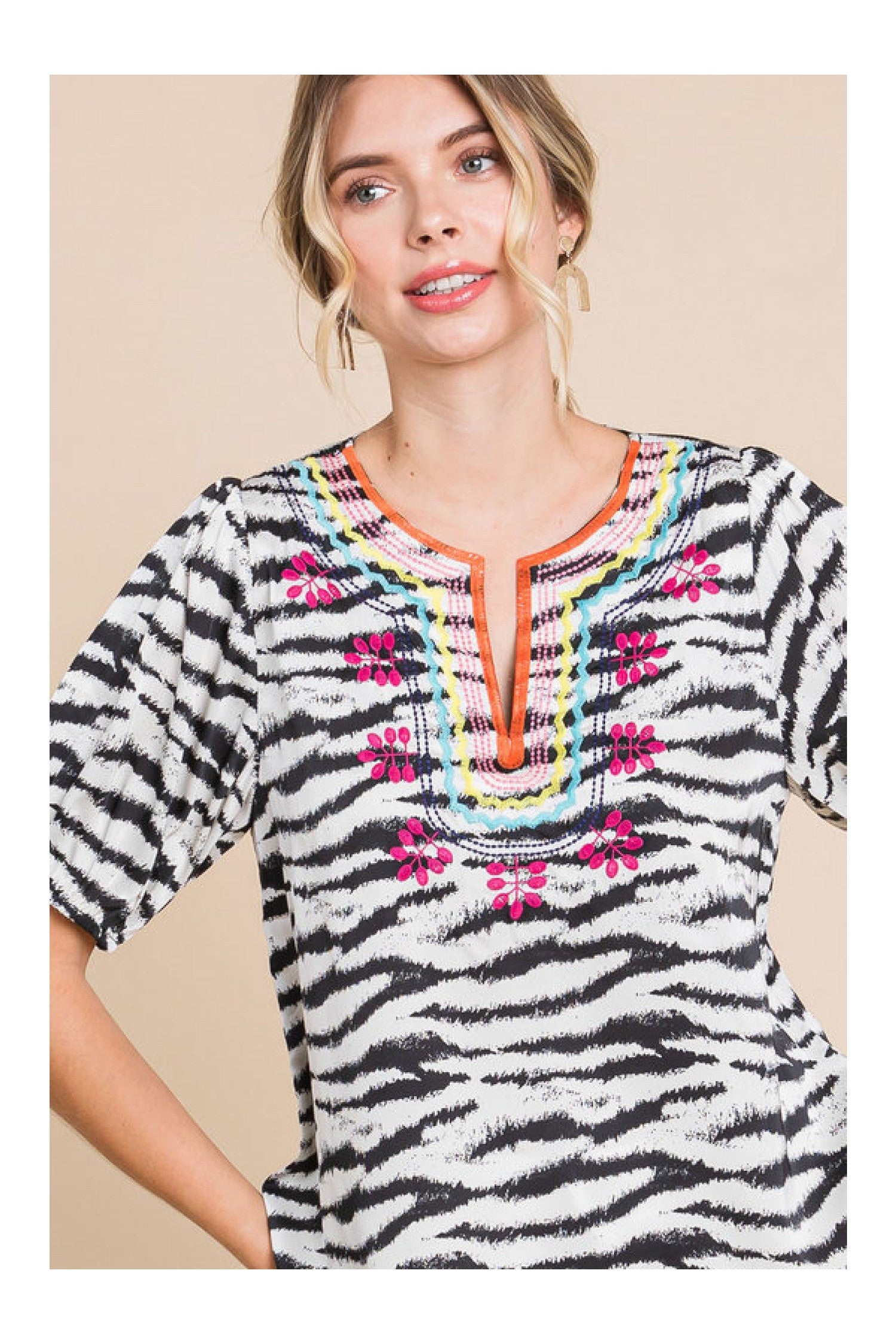 Jodifl Zebra Print Embroidered Yoke Short Bubble Sleeve Top-Tops-Jodifl-Deja Nu Boutique, Women's Fashion Boutique in Lampasas, Texas