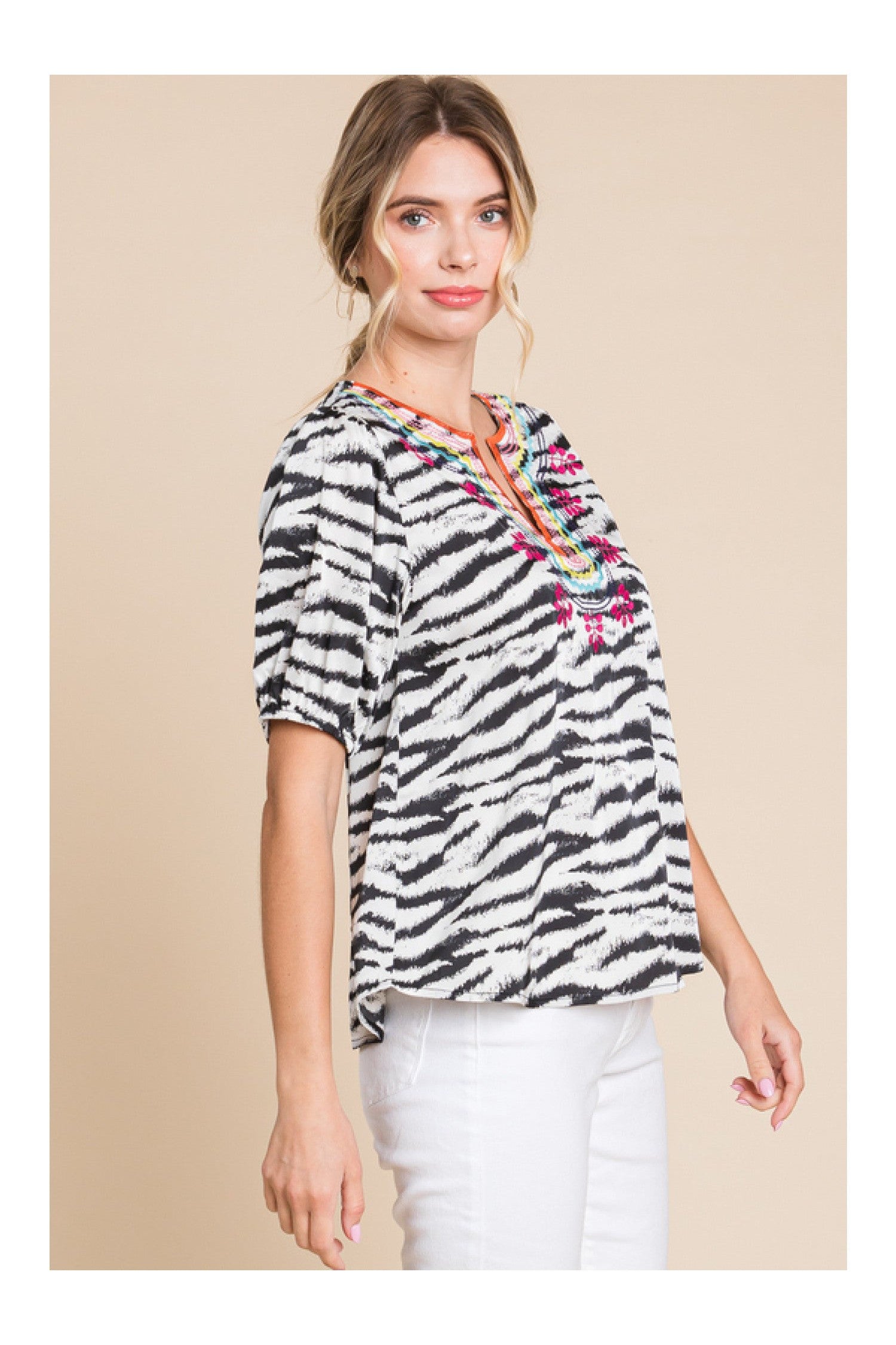 Jodifl Zebra Print Embroidered Yoke Short Bubble Sleeve Top-Tops-Jodifl-Deja Nu Boutique, Women's Fashion Boutique in Lampasas, Texas