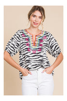 Jodifl Zebra Print Embroidered Yoke Short Bubble Sleeve Top-Tops-Jodifl-Deja Nu Boutique, Women's Fashion Boutique in Lampasas, Texas