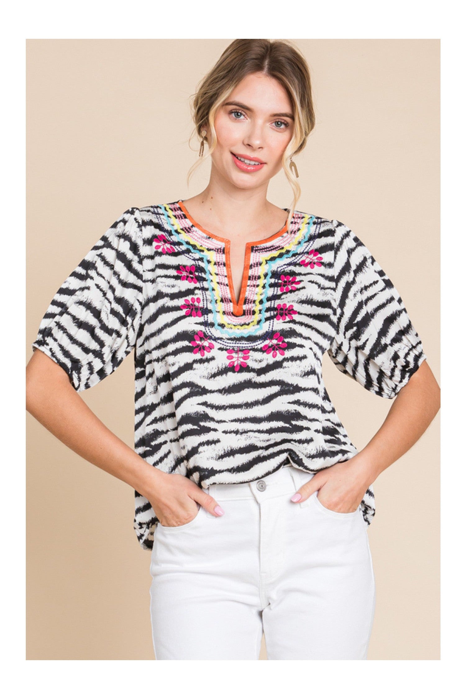 Jodifl Zebra Print Embroidered Yoke Short Bubble Sleeve Top-Tops-Jodifl-Deja Nu Boutique, Women's Fashion Boutique in Lampasas, Texas