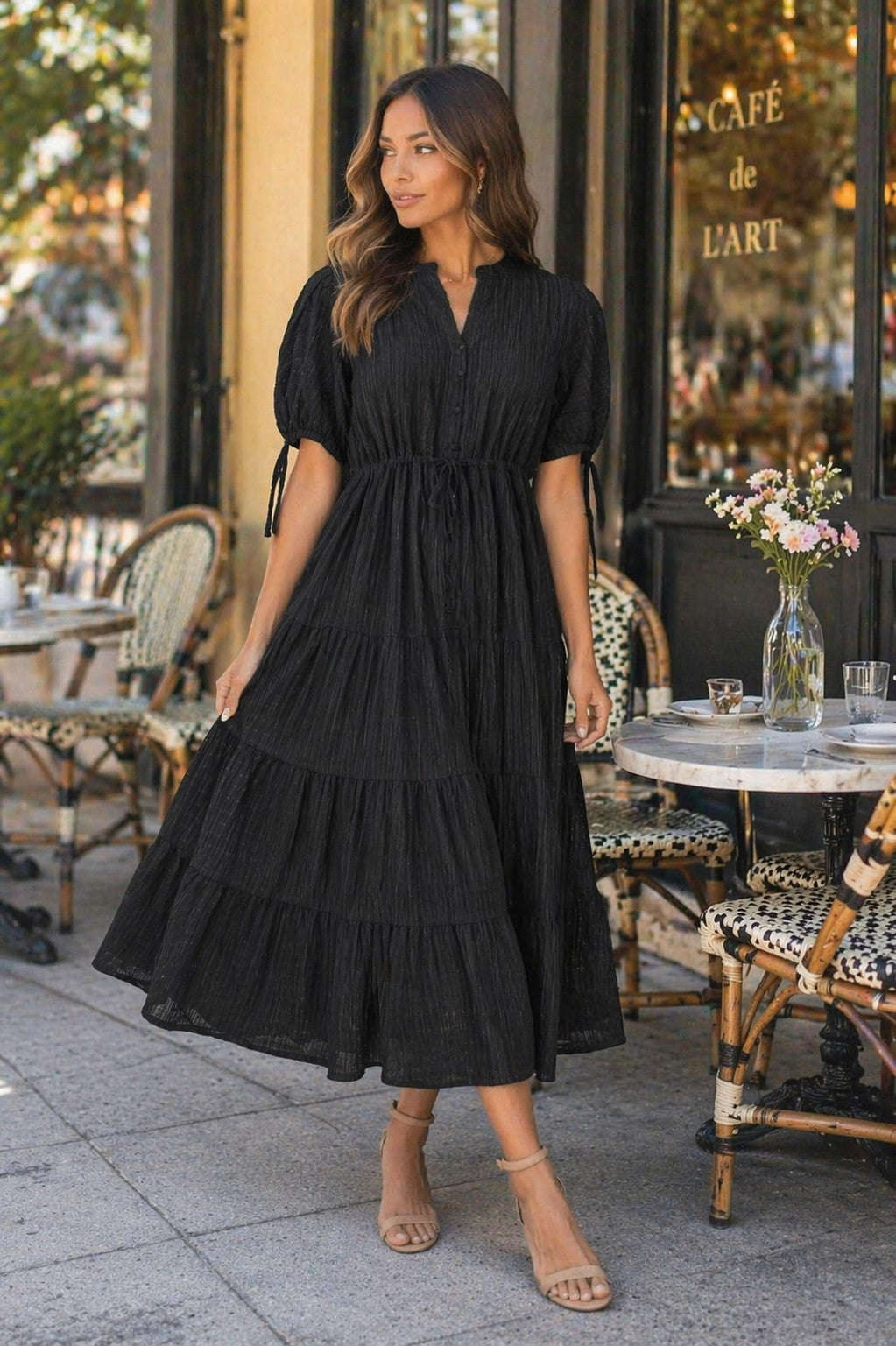 Jodifl Textured Tiered Midi Dress – Black-Midi Dresses-Jodifl-Deja Nu Boutique, Women's Fashion Boutique in Lampasas, Texas