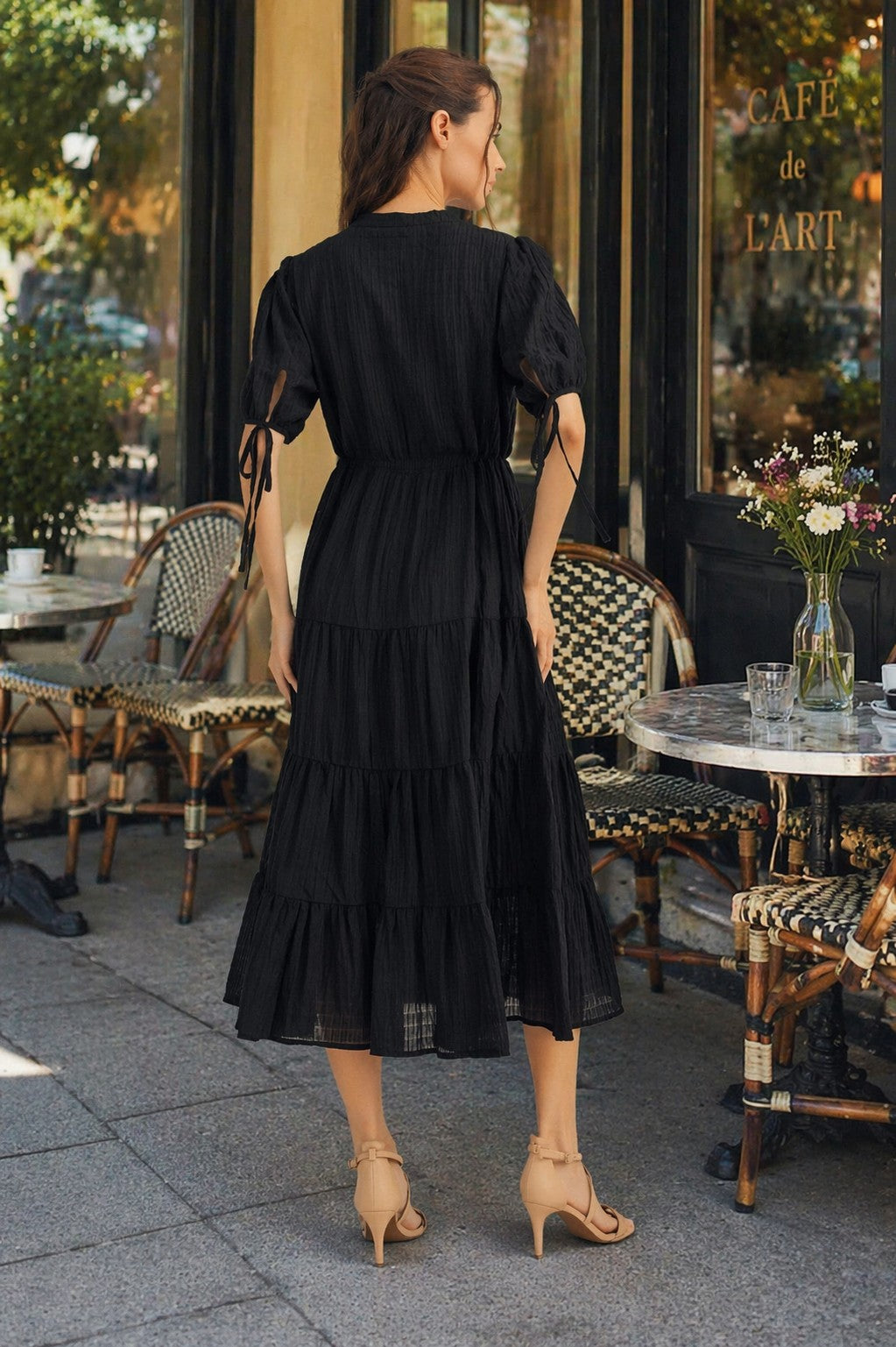 Jodifl Textured Tiered Midi Dress – Black-Midi Dresses-Jodifl-Deja Nu Boutique, Women's Fashion Boutique in Lampasas, Texas