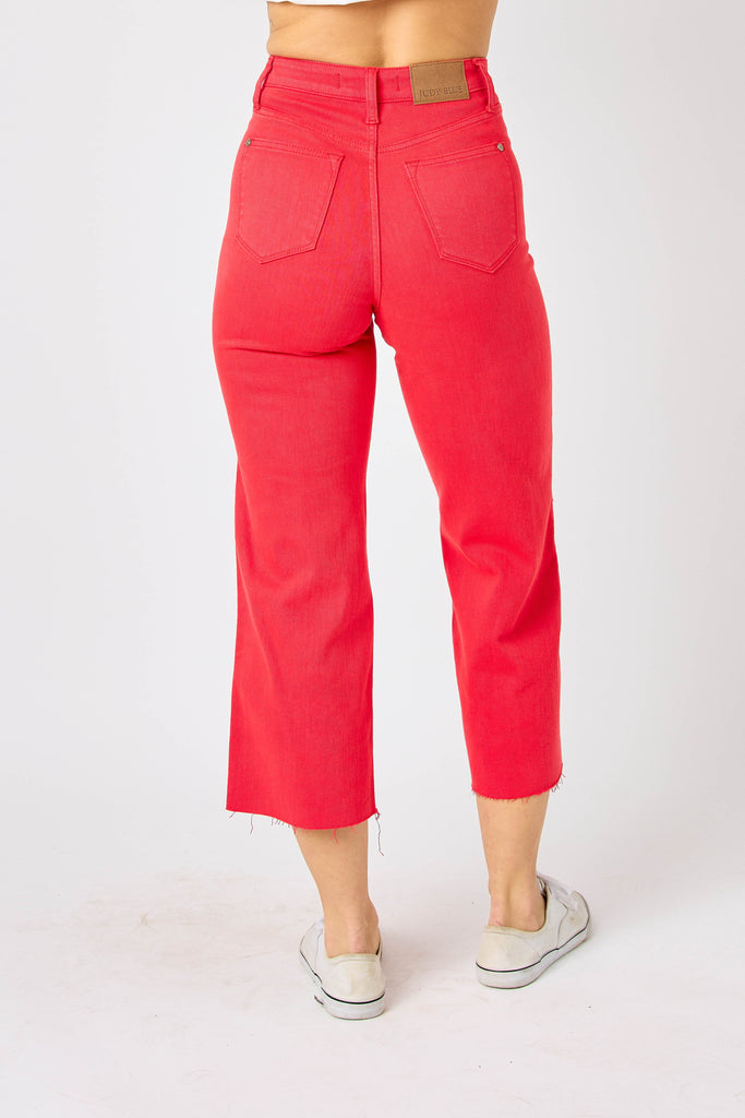 Judy Blue High Waist Red Garment Dyed Tummy Control Crop Wide Leg-Jeans-Judy Blue-Deja Nu Boutique, Women's Fashion Boutique in Lampasas, Texas