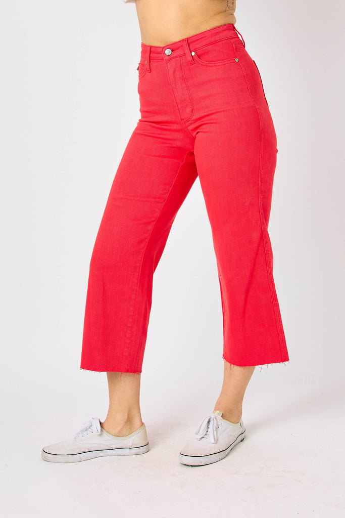 Judy Blue High Waist Red Garment Dyed Tummy Control Crop Wide Leg-Jeans-Judy Blue-Deja Nu Boutique, Women's Fashion Boutique in Lampasas, Texas