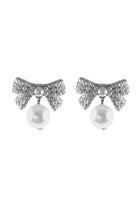 Kenze Panne Small Rhinestone Pearl Bow Stud Earrings In Silver-Earrings-Kenze Panne-Deja Nu Boutique, Women's Fashion Boutique in Lampasas, Texas