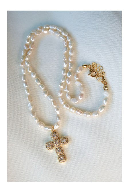 Kinsey Designs Baldwin Pearl Necklace With CZ Cross Pendant-Necklaces-Kinsey Designs-Deja Nu Boutique, Women's Fashion Boutique in Lampasas, Texas