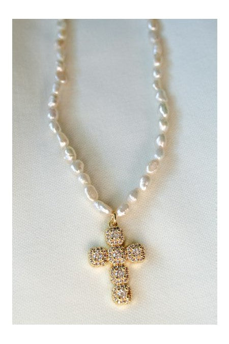 Kinsey Designs Baldwin Pearl Necklace With CZ Cross Pendant-Necklaces-Kinsey Designs-Deja Nu Boutique, Women's Fashion Boutique in Lampasas, Texas