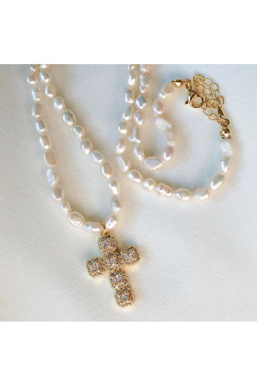 Kinsey Designs Baldwin Pearl Necklace With CZ Cross Pendant-Necklaces-Kinsey Designs-Deja Nu Boutique, Women's Fashion Boutique in Lampasas, Texas