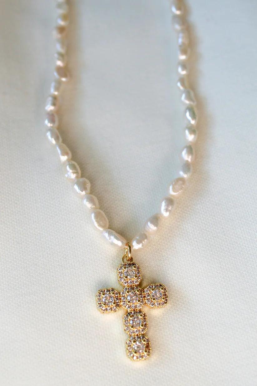 Kinsey Designs Baldwin Pearl Necklace With CZ Cross Pendant-Necklaces-Kinsey Designs-Deja Nu Boutique, Women's Fashion Boutique in Lampasas, Texas