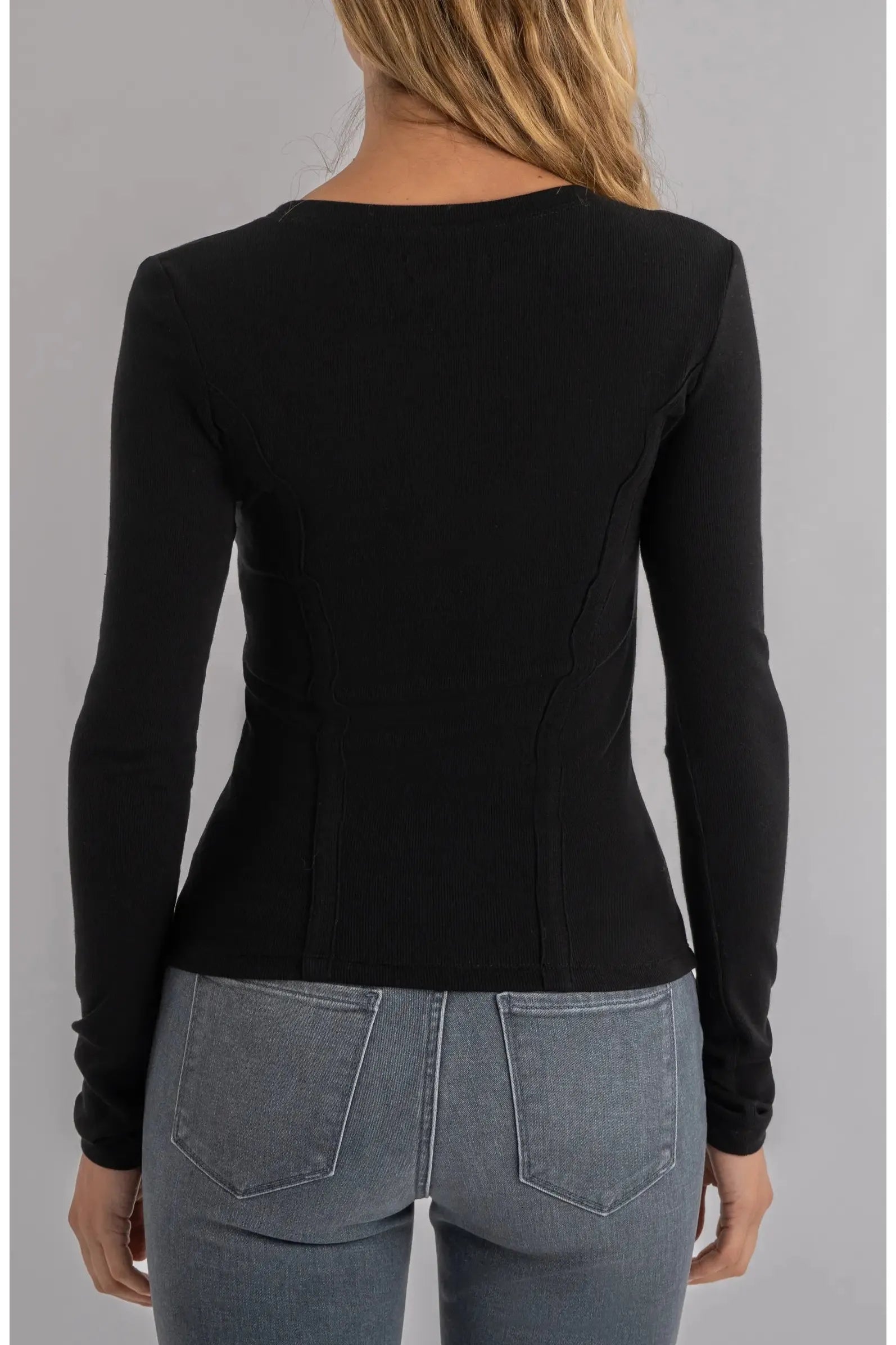 Kut from the Kloth Anahi Rib Knit Long Sleeve Top in Black-Tops-Kut from the Kloth-Deja Nu Boutique, Women's Fashion Boutique in Lampasas, Texas