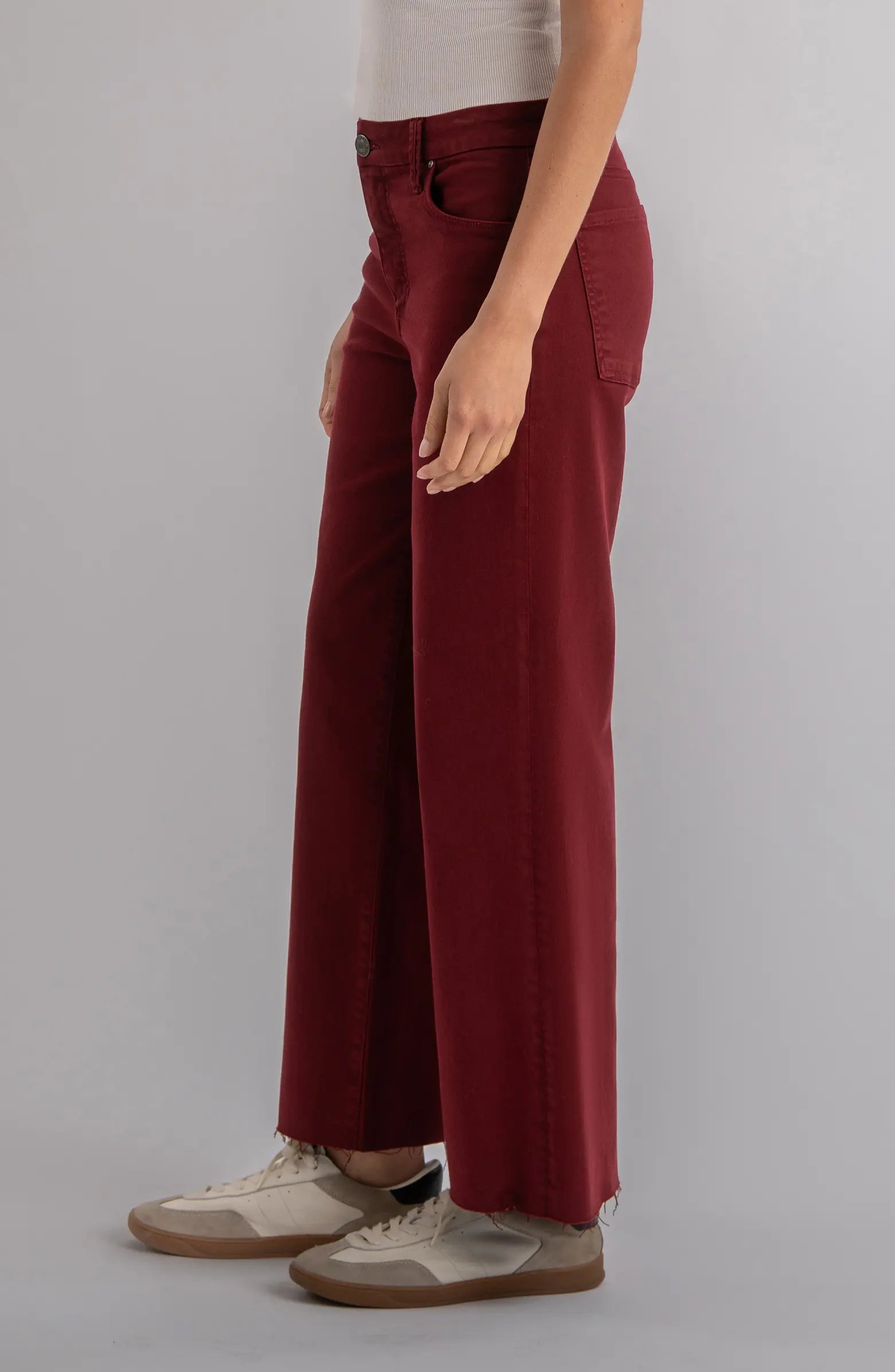 Kut from the Kloth Meg High Rise Fab Ab Wide Leg Raw Hem Jeans in Maroon-Bottoms-Kut from the Kloth-Deja Nu Boutique, Women's Fashion Boutique in Lampasas, Texas