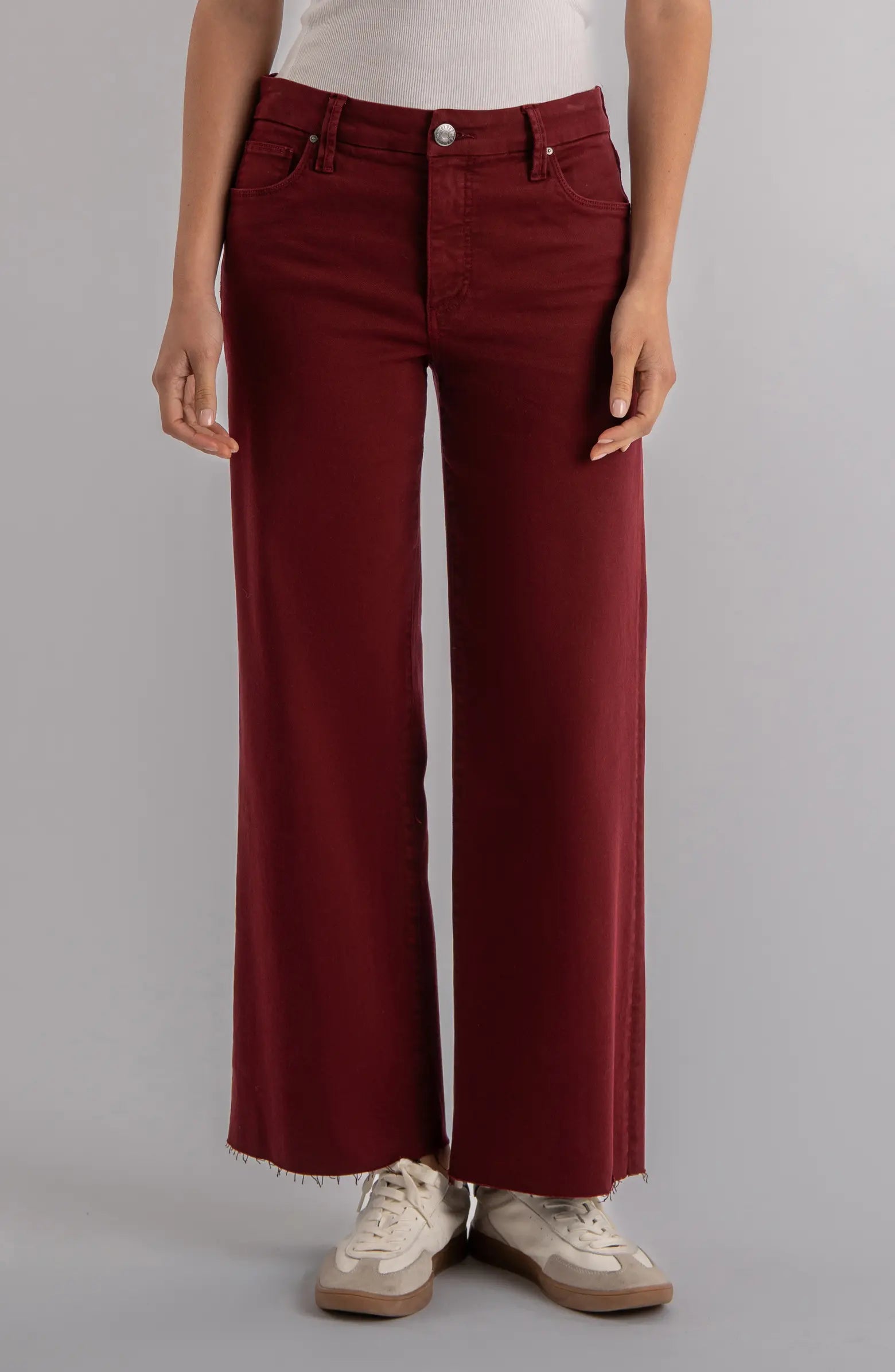 Kut from the Kloth Meg High Rise Fab Ab Wide Leg Raw Hem Jeans in Maroon-Bottoms-Kut from the Kloth-Deja Nu Boutique, Women's Fashion Boutique in Lampasas, Texas