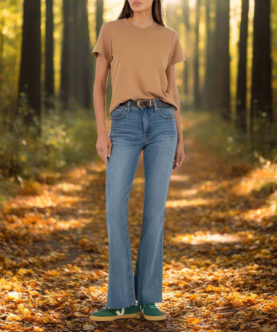 Kut from the Kloth Stella High Rise Fab Ab Flare Jeans with Raw Hem – Hardworking Wash-Jeans-Kut from the Kloth-Deja Nu Boutique, Women's Fashion Boutique in Lampasas, Texas