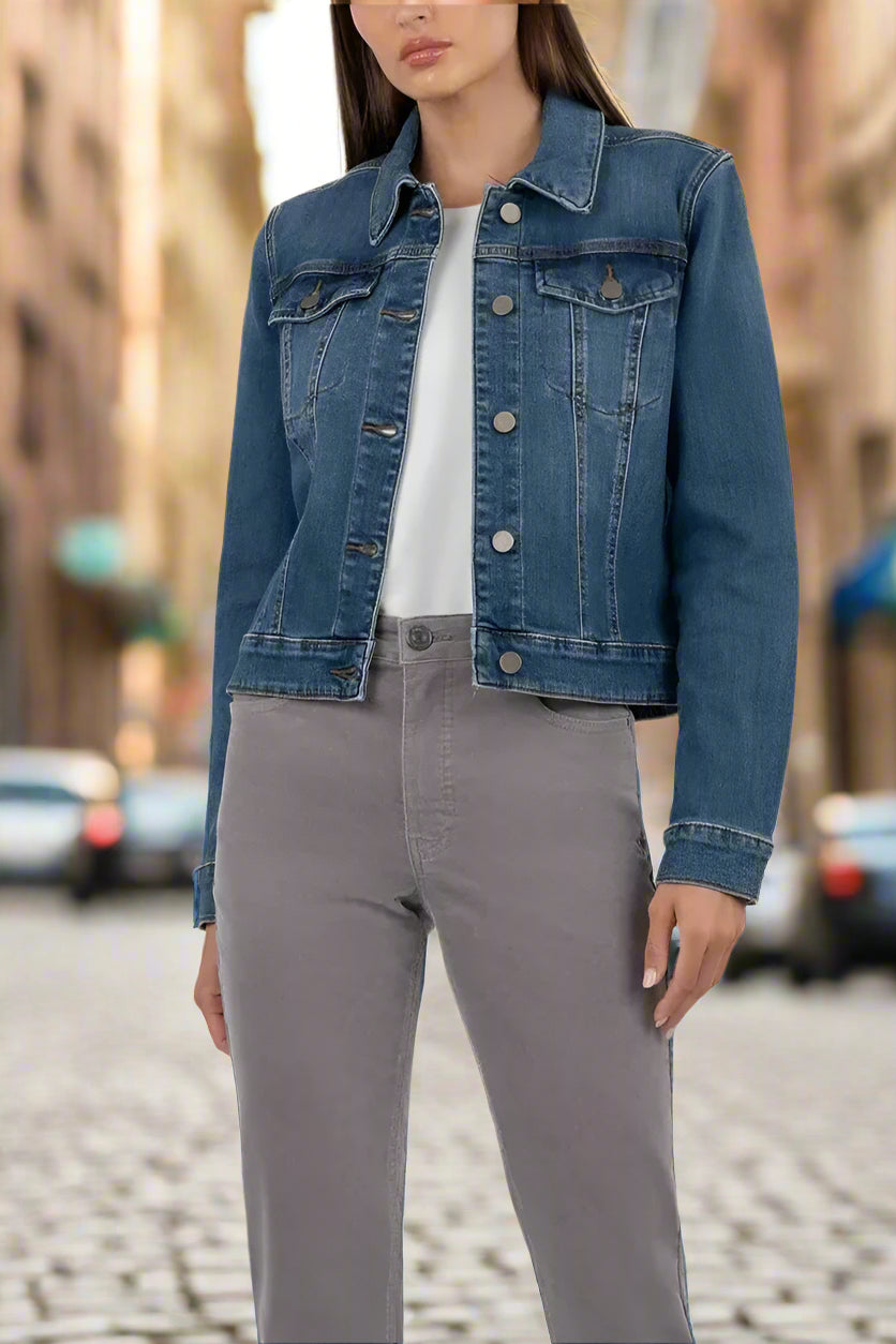 Kut from the Kloth Julia Crop Denim Jacket – Classic Dark Wash Stretch Jean Jacket-Jackets-Kut from the Kloth-Deja Nu Boutique, Women's Fashion Boutique in Lampasas, Texas