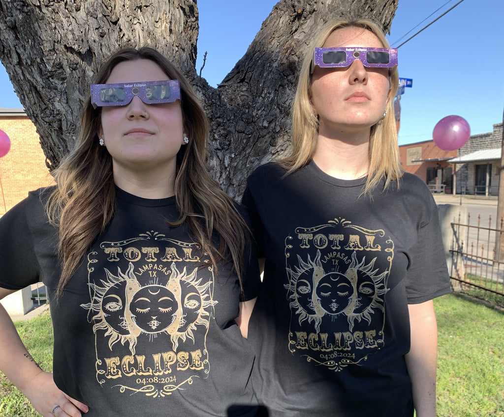 Lampasas Eclipse 2024: Limited Edition T-Shirt with Gold Rhinestone Details-shirts-Rose Canyon Ranch Free 2 B-Deja Nu Boutique, Women's Fashion Boutique in Lampasas, Texas