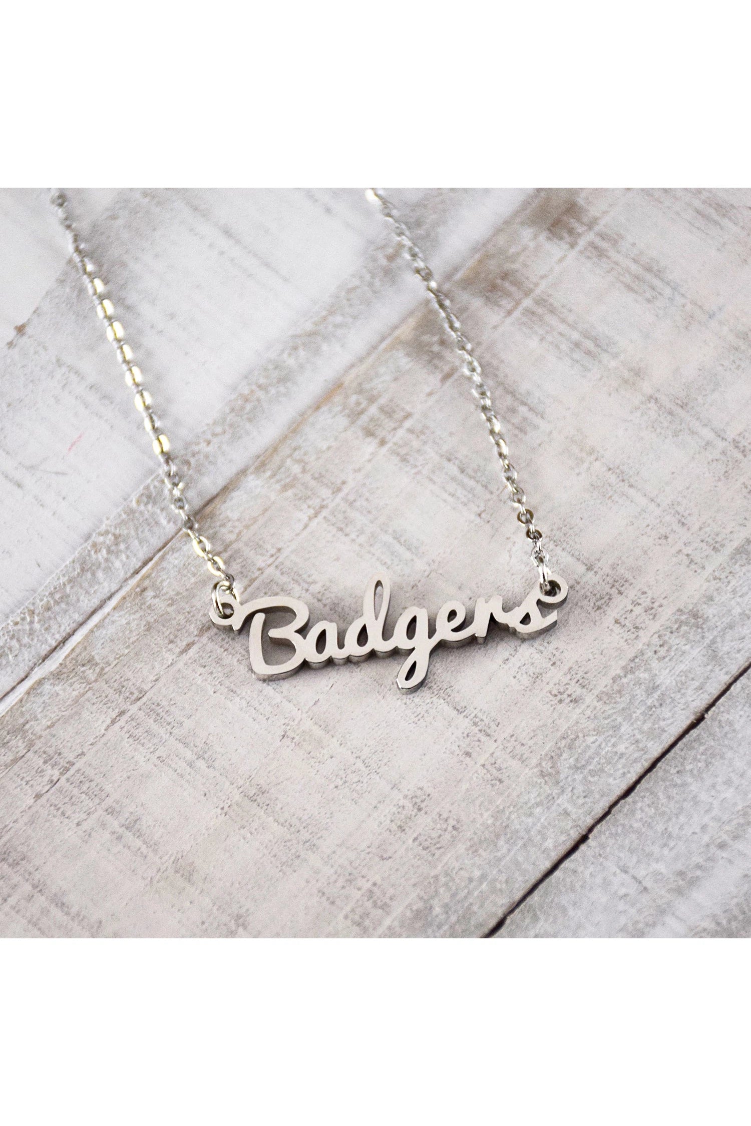 Lampasas Badgers Silver Script Necklace-Necklaces-Fan Frenzy Gifts-Deja Nu Boutique, Women's Fashion Boutique in Lampasas, Texas