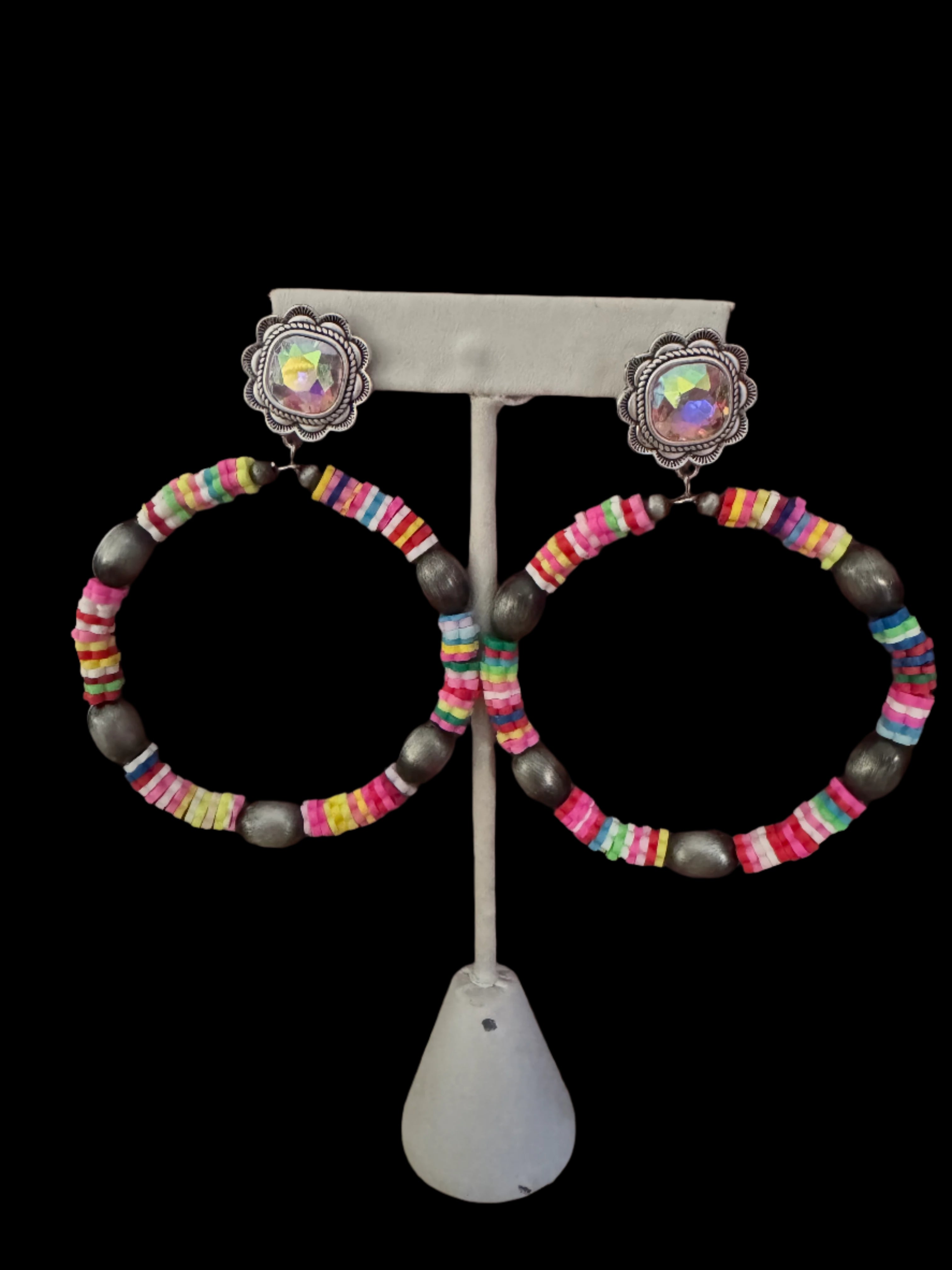 Large Western Beaded Hoop Earrings with AB Crystal Studs – Turquoise And Pink-Earrings-Deja Nu Tx-Deja Nu Boutique, Women's Fashion Boutique in Lampasas, Texas