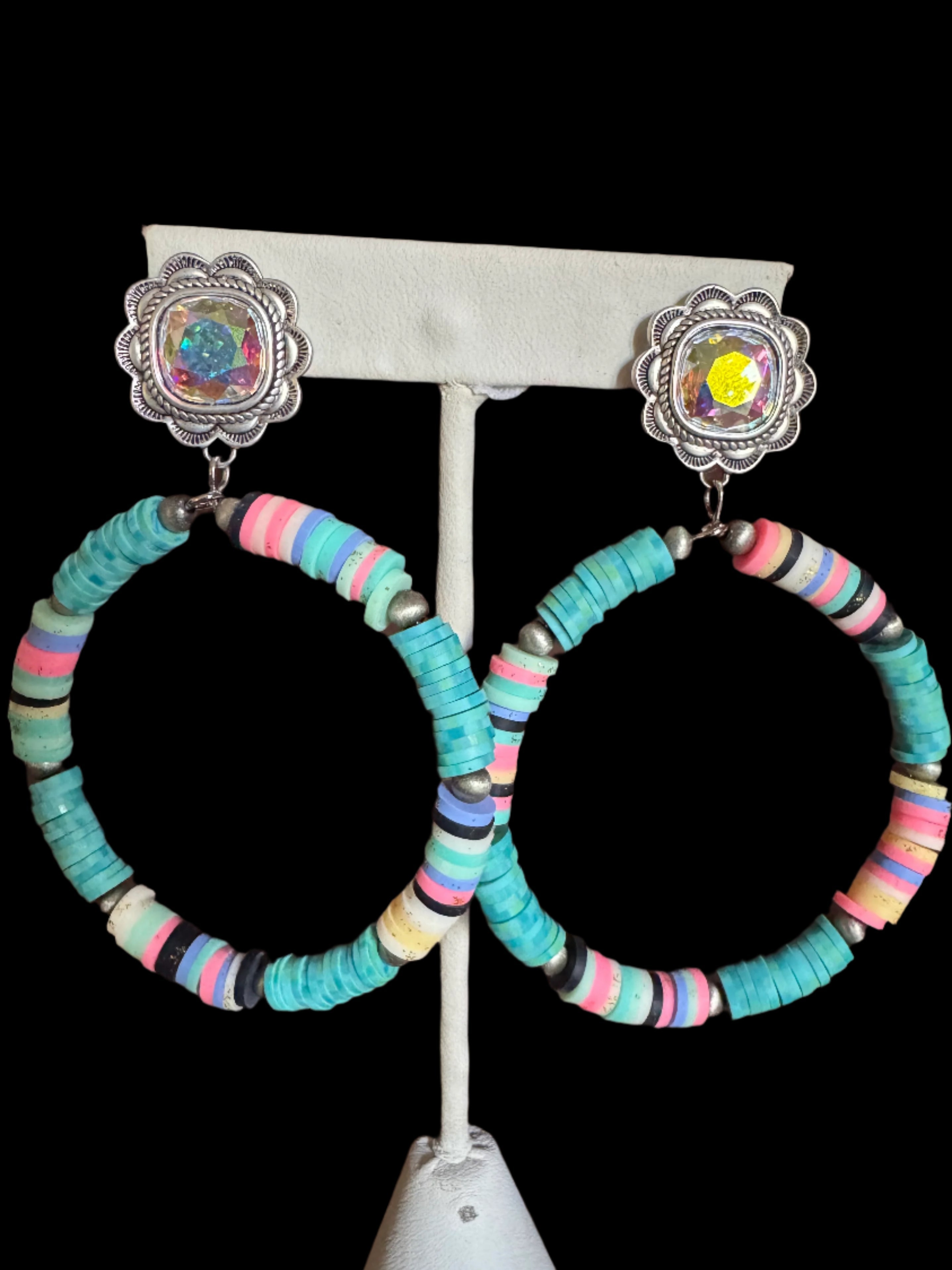 Large Western Beaded Hoop Earrings with AB Crystal Studs – Turquoise And Pink-Earrings-Deja Nu Tx-Deja Nu Boutique, Women's Fashion Boutique in Lampasas, Texas