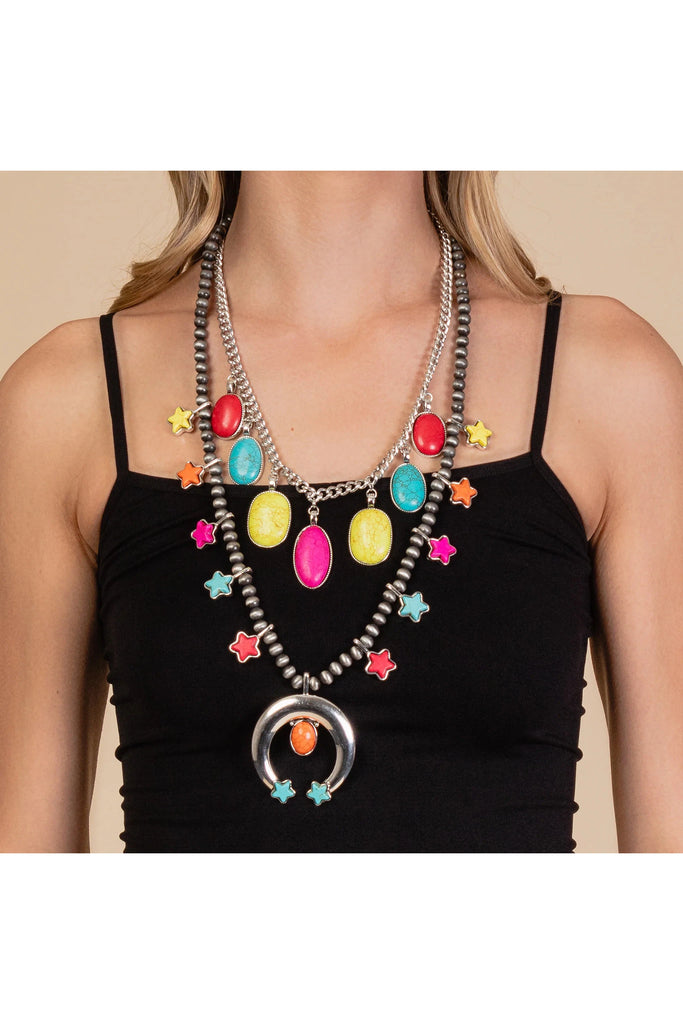 Layered Bright Stone Necklace And Multi Star Detail Necklace With Squash Blossom Pendant-Necklaces-Deja Nu-Deja Nu Boutique, Women's Fashion Boutique in Lampasas, Texas