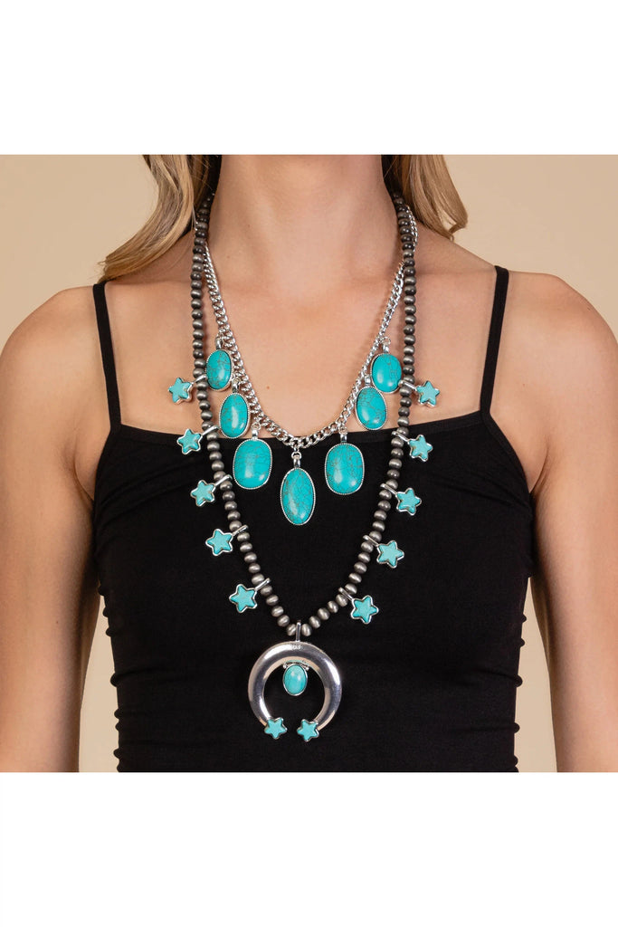 Layered Turquoise Necklace And Silver Star Detail Necklace With Squash Blossom Pendant-Necklaces-Deja Nu-Deja Nu Boutique, Women's Fashion Boutique in Lampasas, Texas