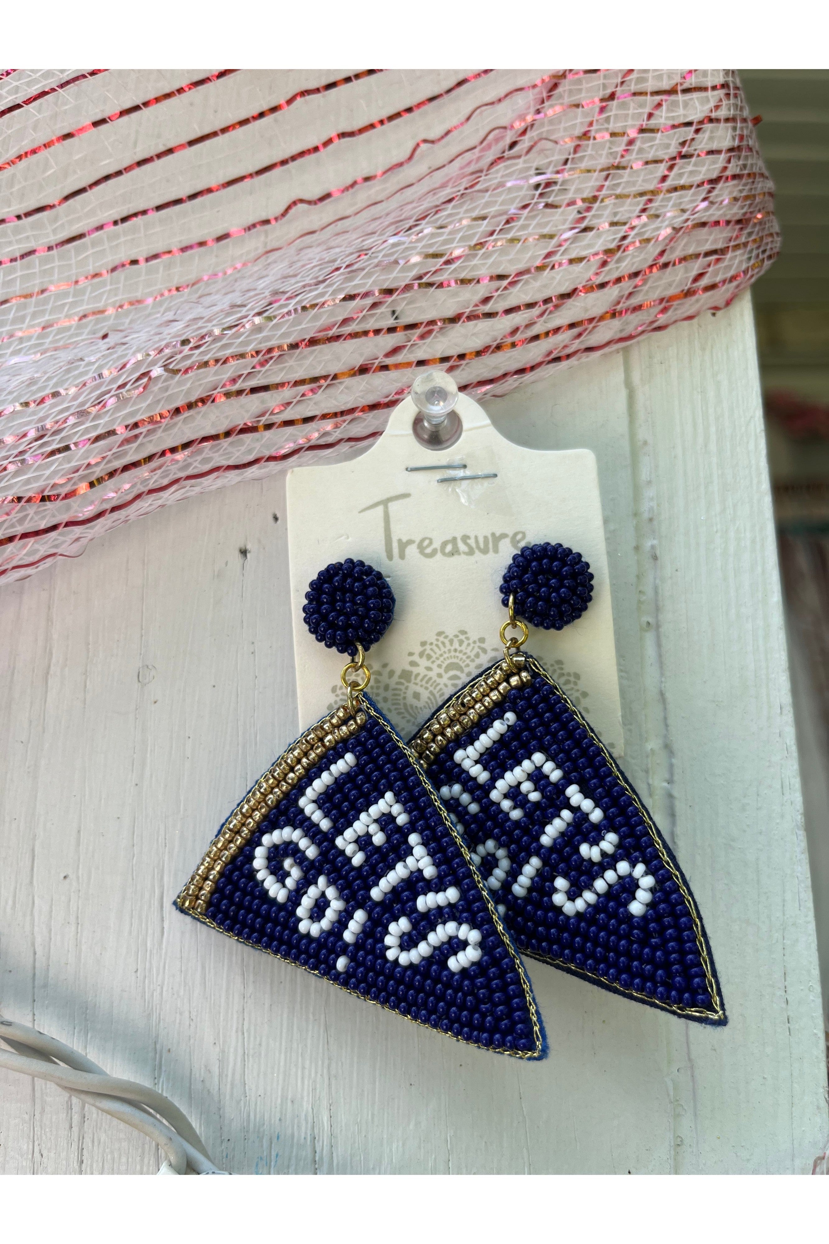 Let’s Go Seed Bead Pennant Flag Earrings In Royal Blue-Earrings-Deja Nu-Deja Nu Boutique, Women's Fashion Boutique in Lampasas, Texas