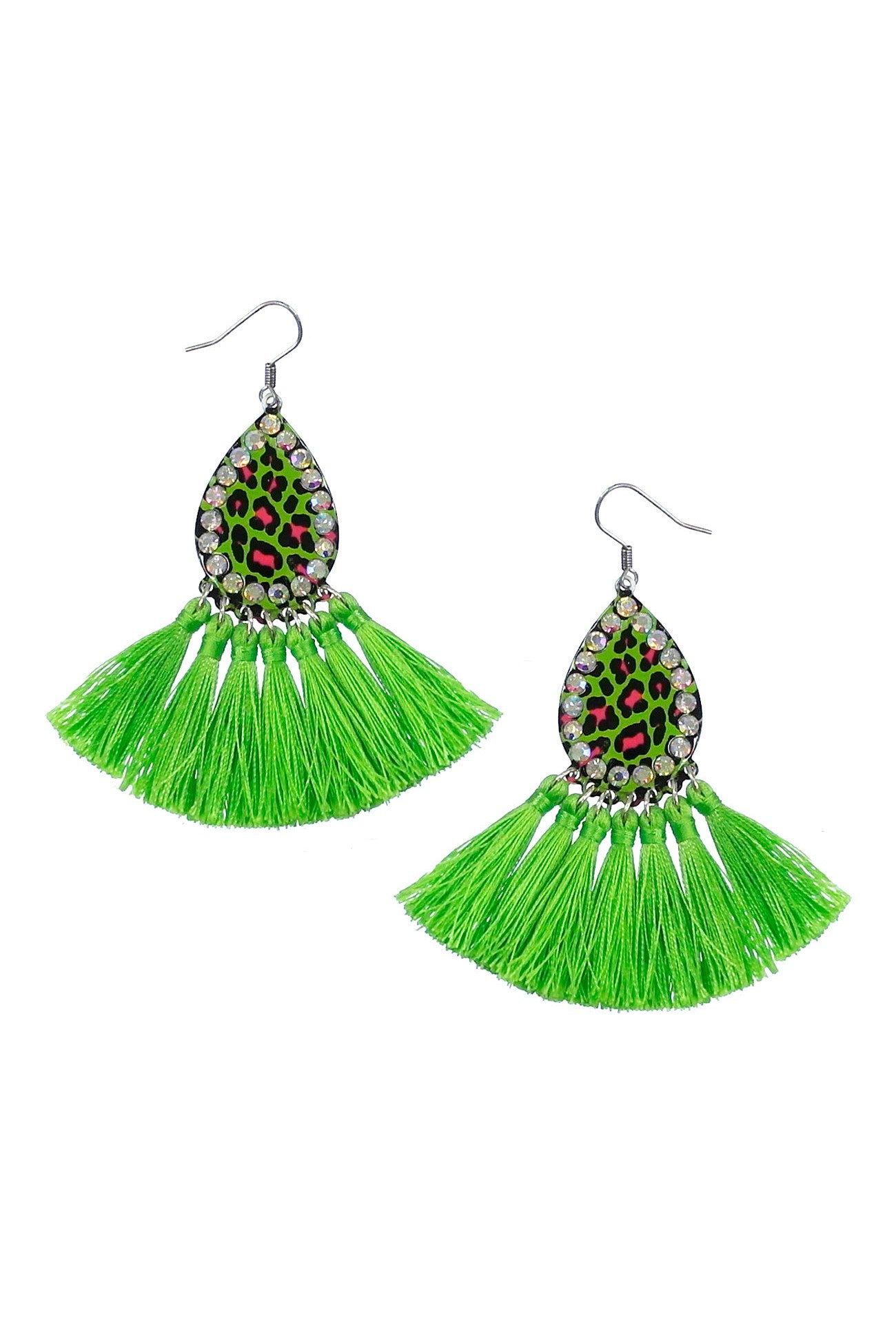 Lime Green Leopard Print AB Rhinestone Teardrop Earring With Fringe Trim-Earrings-Deja Nu-Deja Nu Boutique, Women's Fashion Boutique in Lampasas, Texas