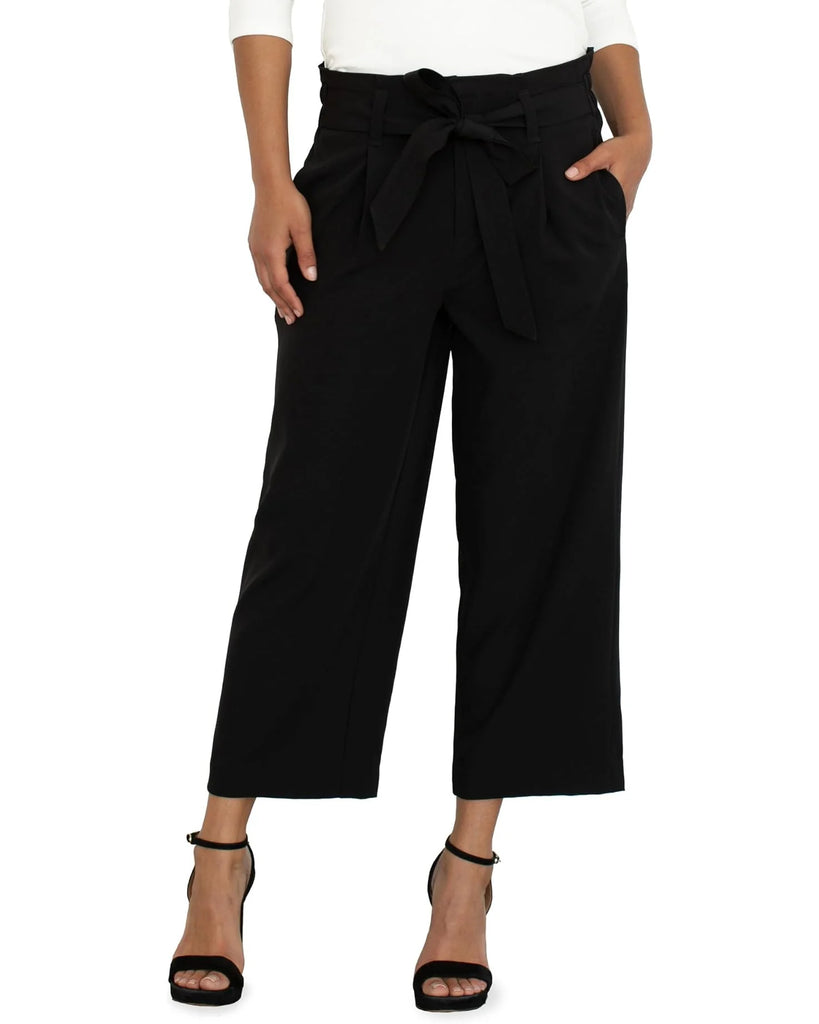 Liverpool Belted Paperbag Wide Leg Crop Black Pant 25 In.-Pants-Liverpool-Deja Nu Boutique, Women's Fashion Boutique in Lampasas, Texas