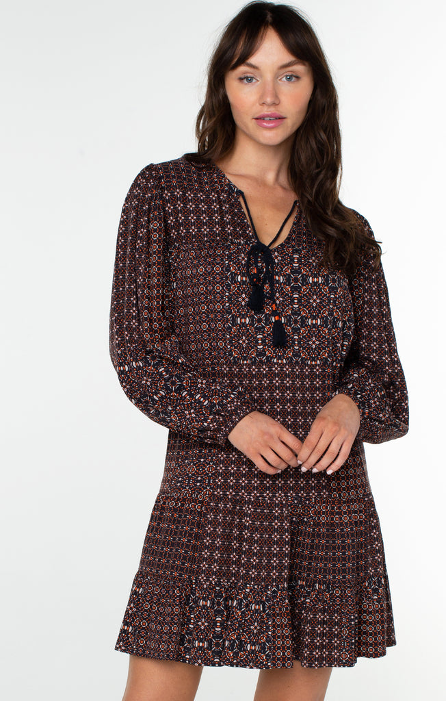 Liverpool Boho Long Sleeve Shift Dress In Patchwork Geo Ditsy Print-Short Dresses-Liverpool-Deja Nu Boutique, Women's Fashion Boutique in Lampasas, Texas