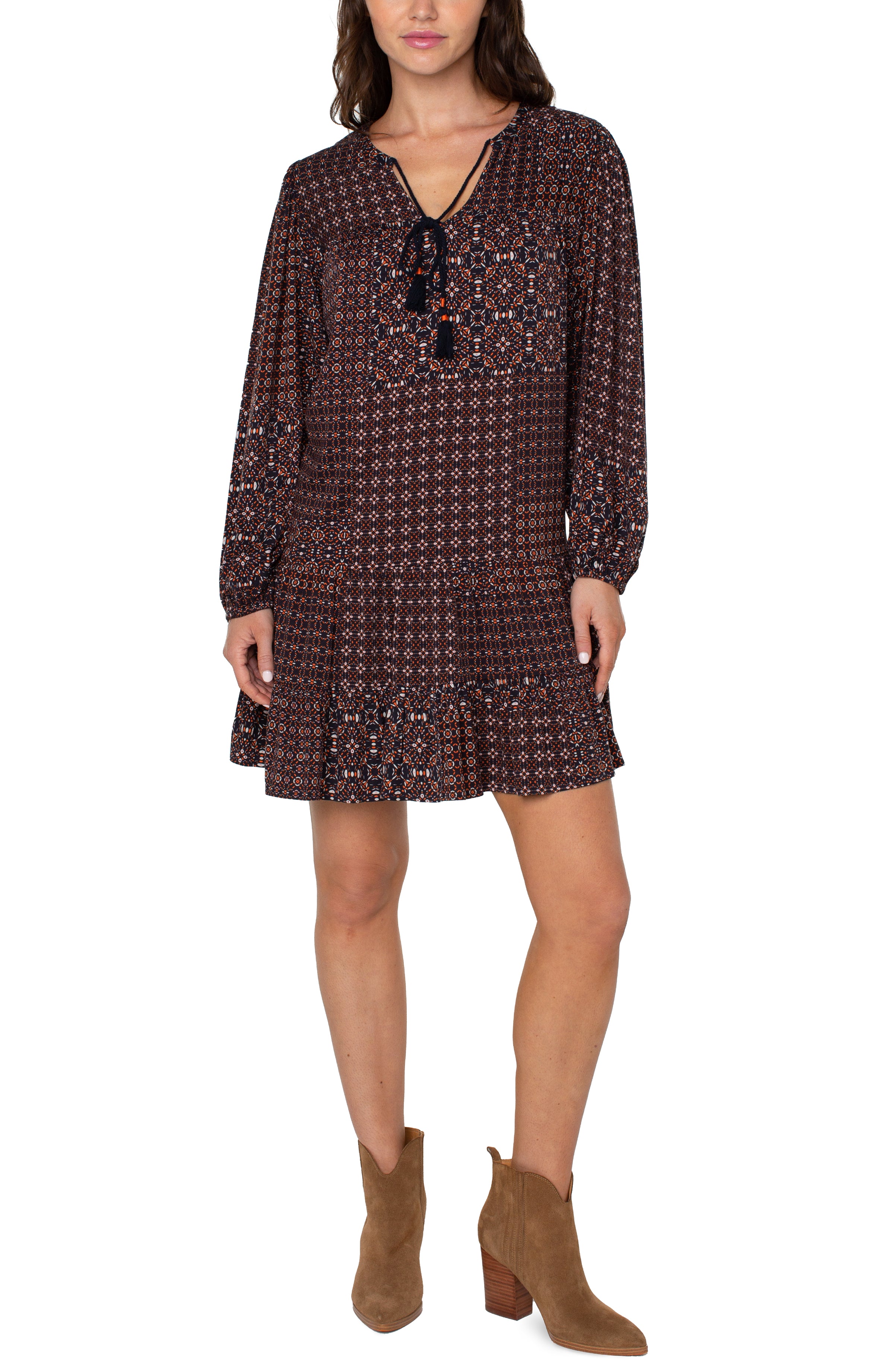 Liverpool Boho Long Sleeve Shift Dress In Patchwork Geo Ditsy Print-Short Dresses-Liverpool-Deja Nu Boutique, Women's Fashion Boutique in Lampasas, Texas