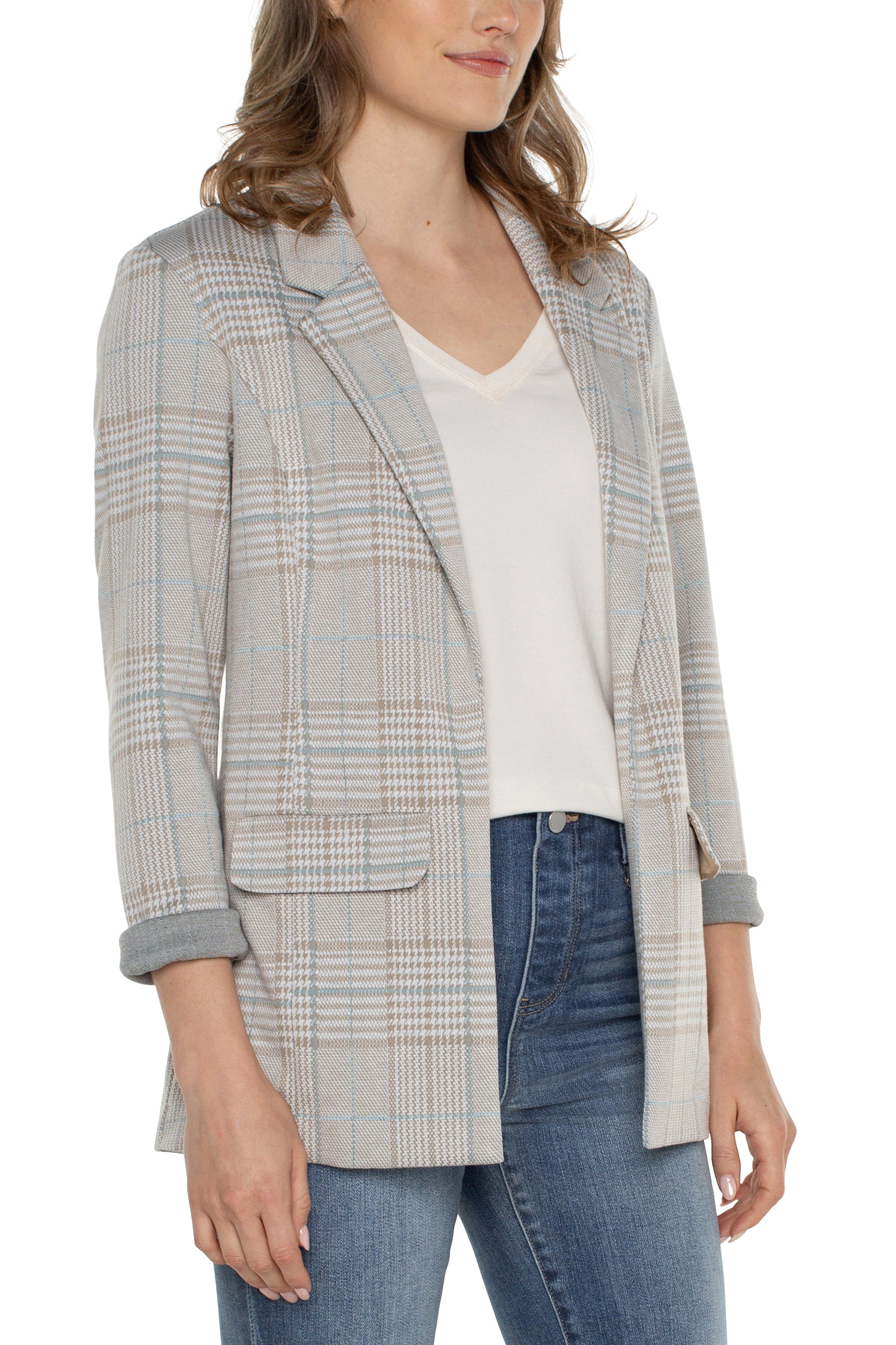 Liverpool Boyfriend Blazer In Oatmeal Turquoise Plaid-Jackets-Liverpool-Deja Nu Boutique, Women's Fashion Boutique in Lampasas, Texas