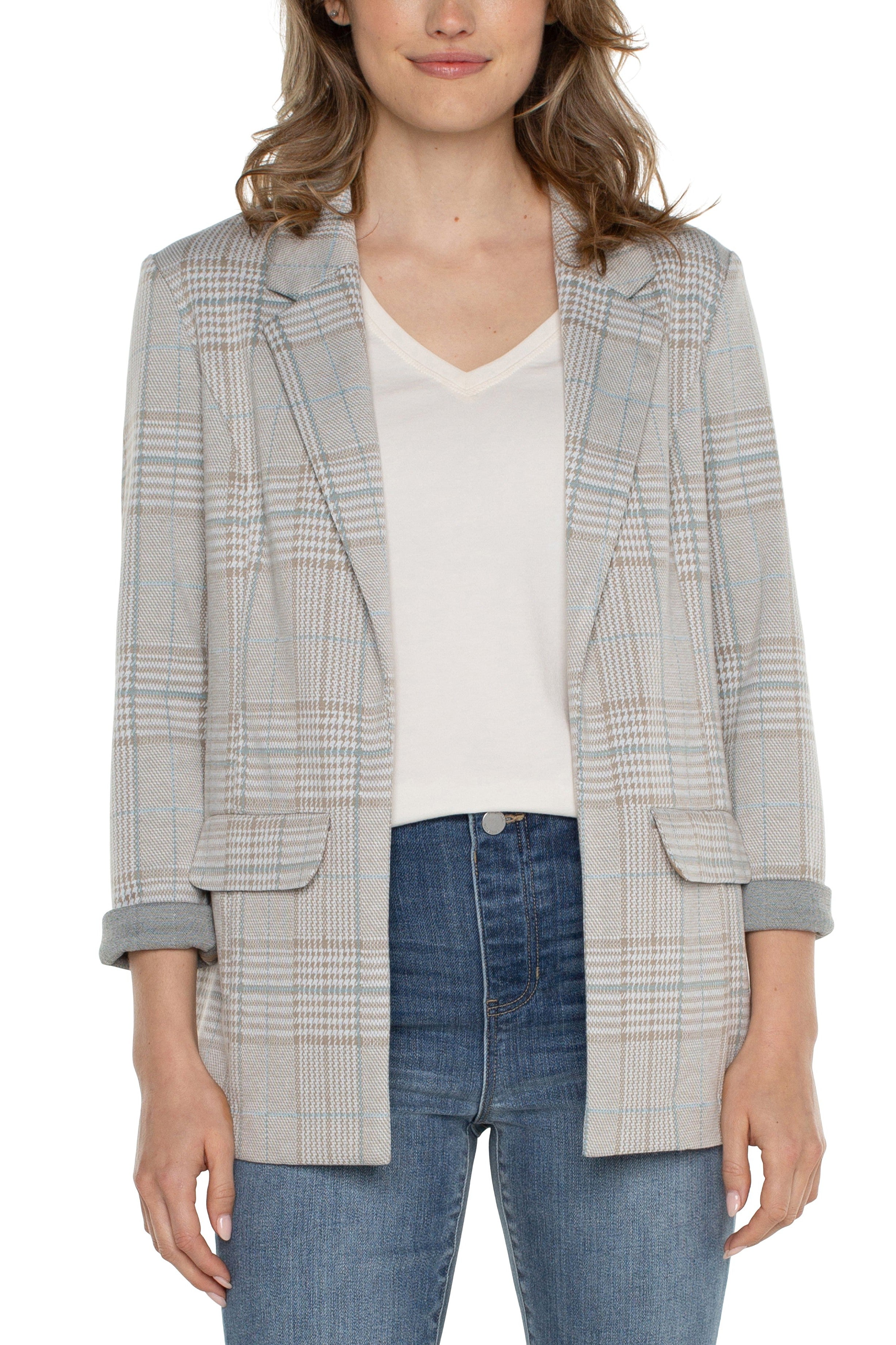 Liverpool Boyfriend Blazer In Oatmeal Turquoise Plaid-Jackets-Liverpool-Deja Nu Boutique, Women's Fashion Boutique in Lampasas, Texas