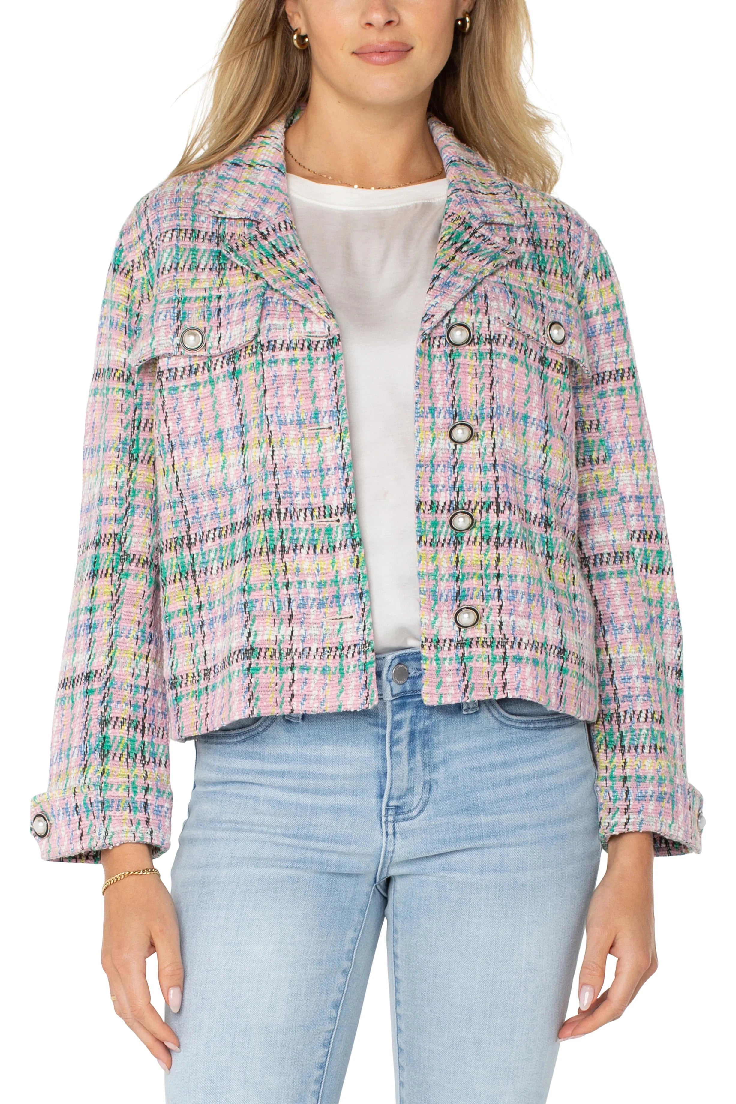 Liverpool Button Front Boxy Shacket In Tea Rose Multi-Jackets-Liverpool-Deja Nu Boutique, Women's Fashion Boutique in Lampasas, Texas
