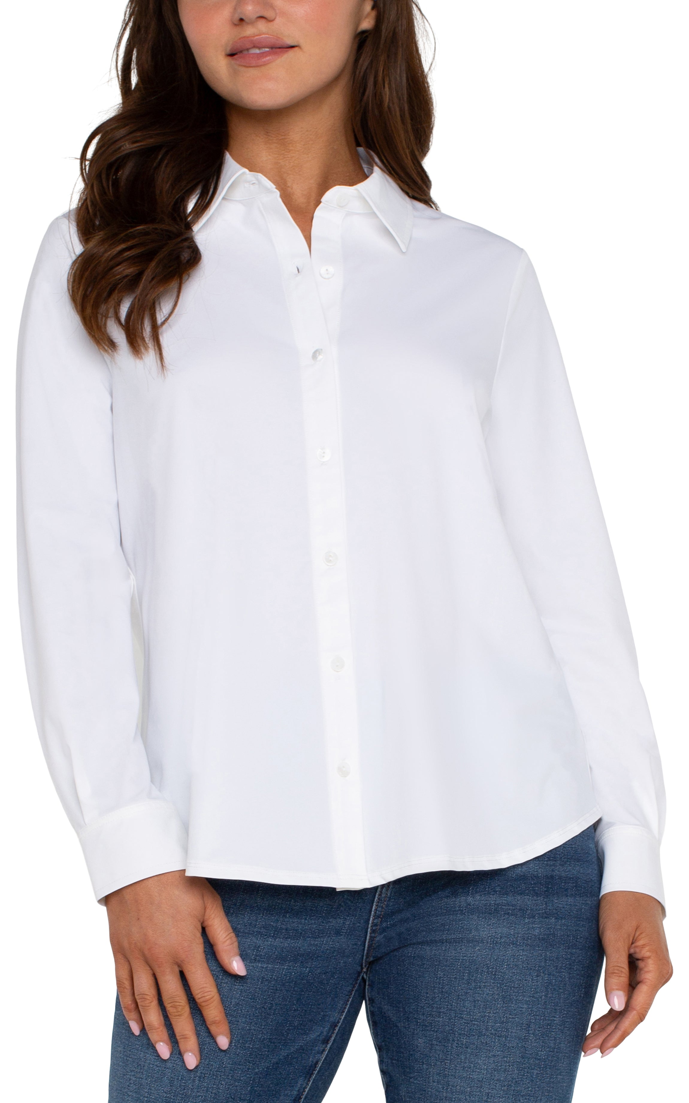 Liverpool Button Front Knit Shirt In White-shirts-Liverpool-Deja Nu Boutique, Women's Fashion Boutique in Lampasas, Texas