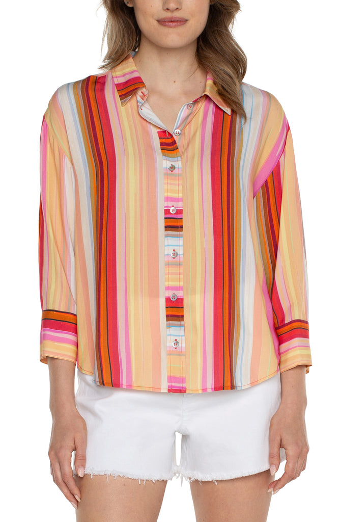 Liverpool Button Front Shirt With Three Fourth Sleeves In Berry Blossom Multi Stripe-Tops-Liverpool-Deja Nu Boutique, Women's Fashion Boutique in Lampasas, Texas